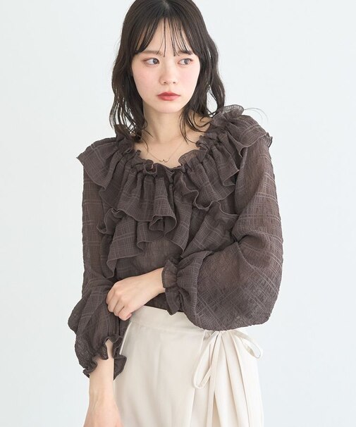 シアーチェック2wayオフショルブラウス