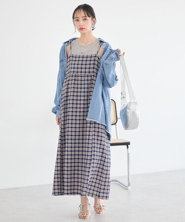 シャーリングラメチェックキャミワンピース