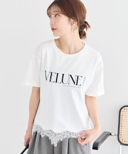 裾レースロゴプリントTシャツ