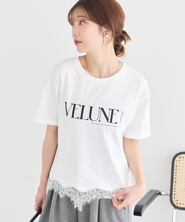 裾レースロゴプリントTシャツ