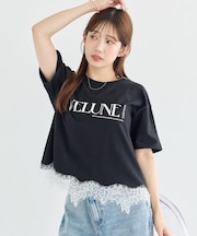 裾レースロゴプリントTシャツ