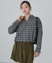 裾ドロストチェックシャツブルゾン