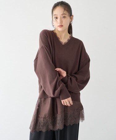 レースコンビVネックニットプルオーバー