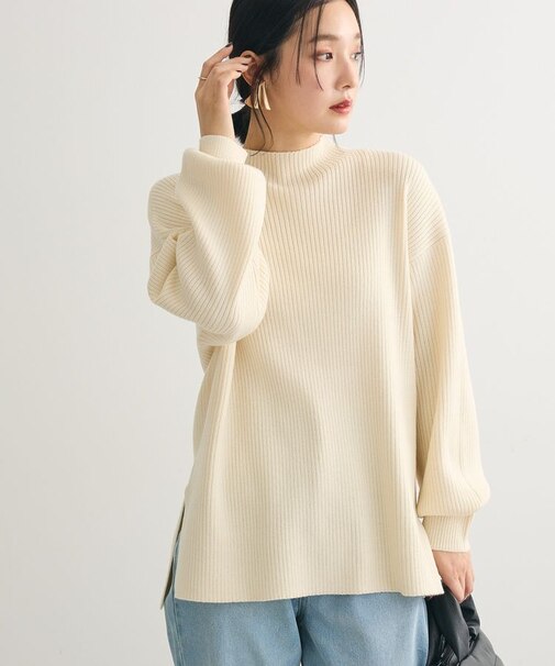 洗えるボトルネックリブニットプルオーバー