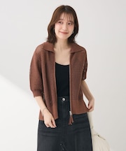 襟付きメッシュ編みZIPカーディガン