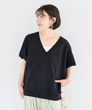 深Vネックミニ裏毛フレンチスリーブプルオーバー