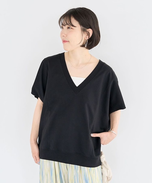 深Vネックミニ裏毛フレンチスリーブプルオーバー