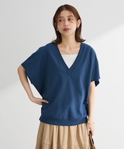 深Vネックミニ裏毛フレンチスリーブプルオーバー