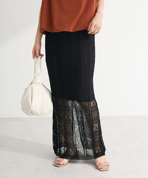 透かし柄ニットレースIラインスカート