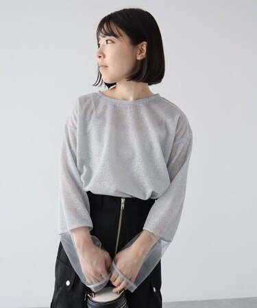 袖チュールドッキングラメプルオーバー