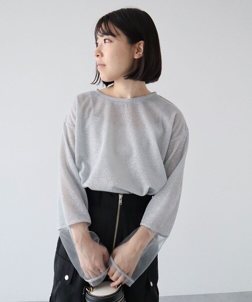 袖チュールドッキングラメプルオーバー
