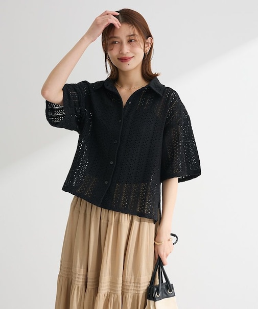 インド綿 衿付きレースシャツ