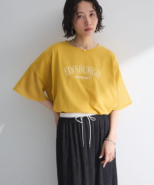 袖メッシュドッキングロゴプルオーバー
