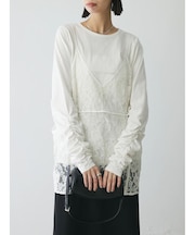 シャーリングスリーブTシャツ+レースキャミソールSET