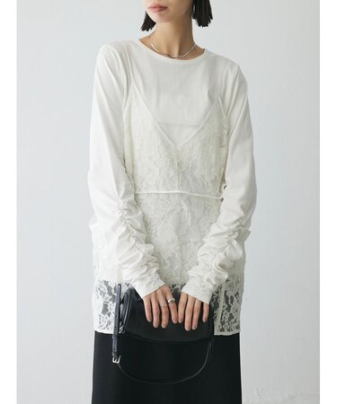 シャーリングスリーブTシャツ+レースキャミソールSET