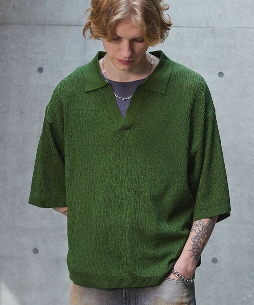 A.ジャガードスキッパーニットポロシャツ