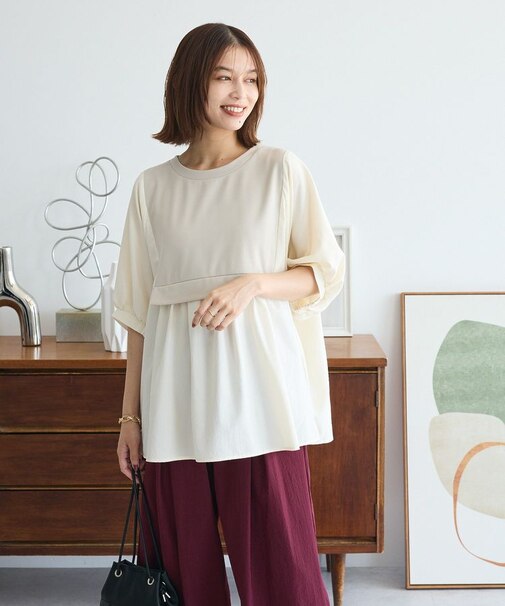 ベスト風7分袖ドッキングプルオーバー