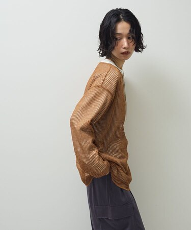 メッシュ長袖ゆるカットプルオーバー