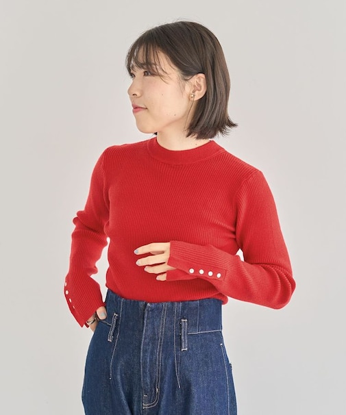 【WEB限定】もちやわ袖口釦リブニットプルオーバー