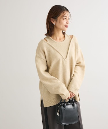 フェイクレイヤードVネックニットプルオーバー