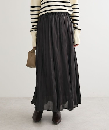 シャイニーサテンセルフプリーツギャザーフレアスカート