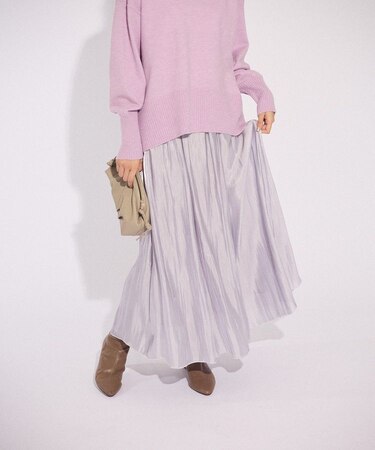 シャイニーサテンセルフプリーツギャザーフレアスカート