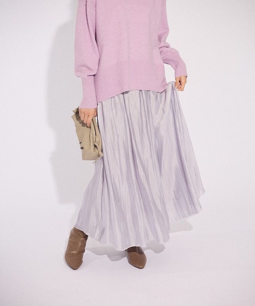 シャイニーサテンセルフプリーツギャザーフレアスカート