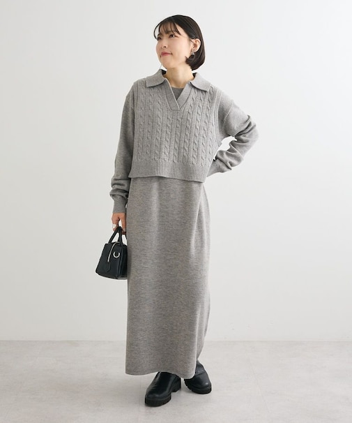 SET2点ケーブルベスト+ニットワンピース