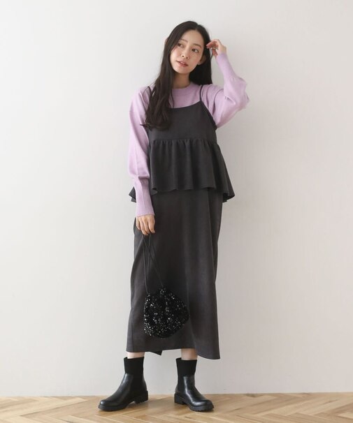 スウェードポンチペプラムキャミワンピース