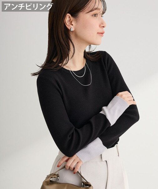 アンチピリング袖配色ニットプルオーバー