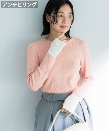 アンチピリング袖配色ニットプルオーバー