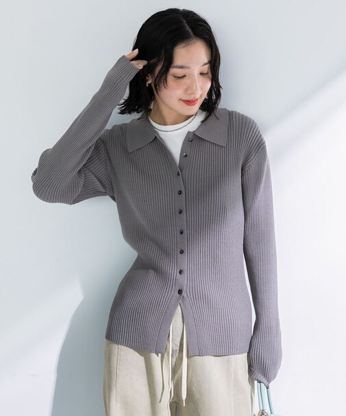 襟付きリブニットカーディガン