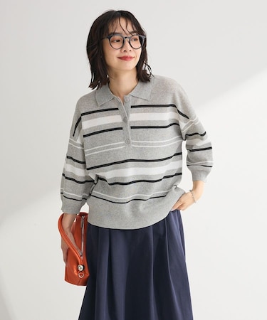 衿付き7分袖ニットプルオーバー