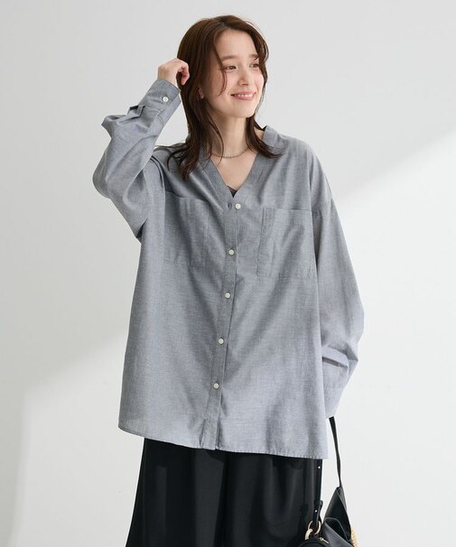 綿麻混Vネックオーバーサイズシャツ