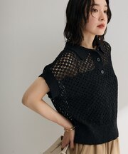 衿付き透かし編みニットプルオーバー
