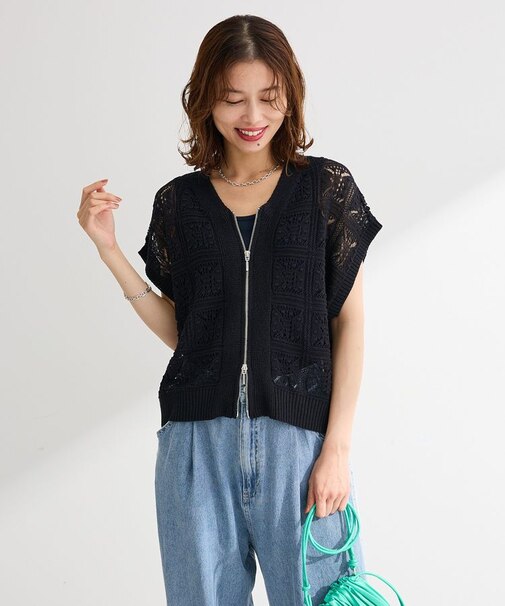 透かし編みZIPニットベスト