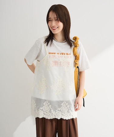 スカラップ刺繍レースレイヤードキャミソール