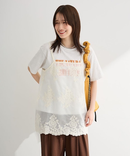 スカラップ刺繍レースレイヤードキャミソール