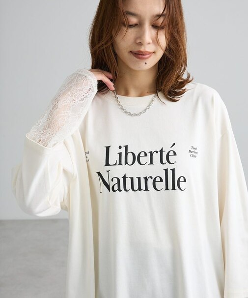 袖レースドッキング長袖ロゴTシャツ