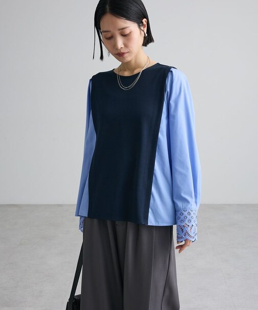袖口スカラップ刺繍ドッキングプルオーバー
