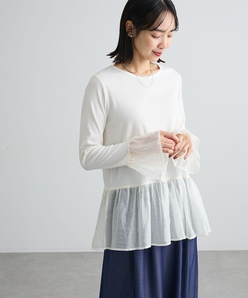 異素材切り替えペプラムロンTEE