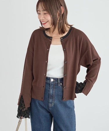 袖レースレイヤードニットカーディガン