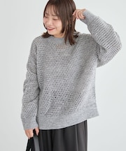 クルーネック透かし編みニットプルオーバー