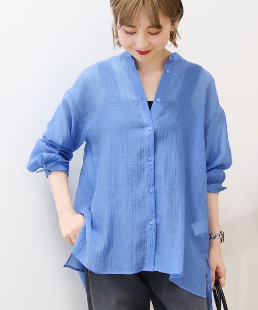 楊柳シアーバンドカラーシャツ