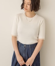 袖口バイカラー半袖ニットプルオーバー