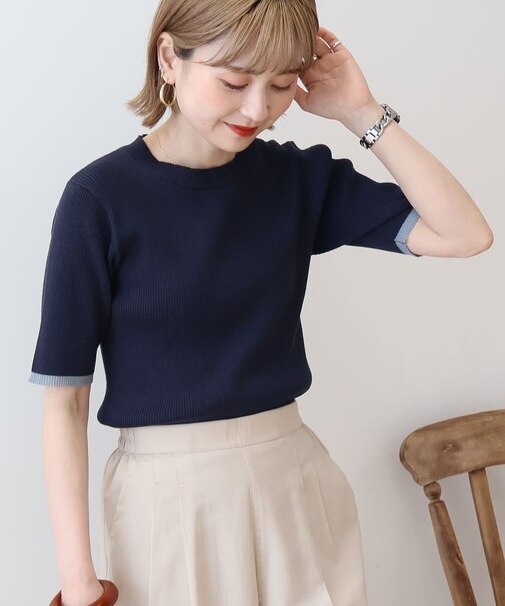 袖口バイカラー半袖ニットプルオーバー