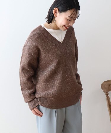 ラメ入りVネック片畦ニットプルオーバー