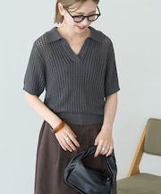 衿付きメッシュ編み半袖ニットプルオーバー