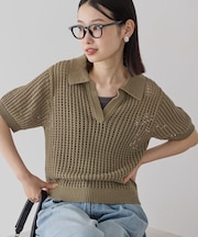 衿付きメッシュ編み半袖ニットプルオーバー