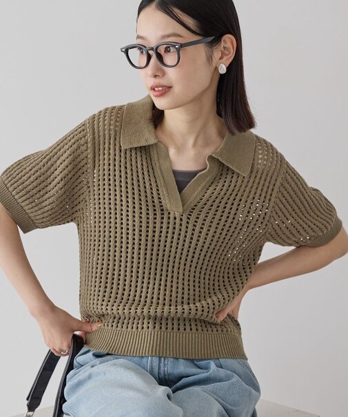 衿付きメッシュ編み半袖ニットプルオーバー